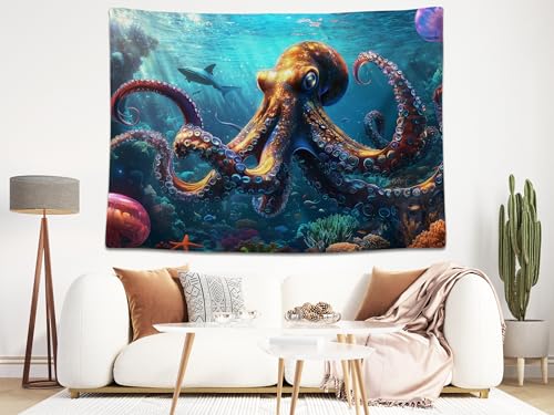 7x5ft Fantasy Octopus Backdrop Colorful Underwater Jellyfish Shark Coral Reef Background Pirate Party Marine Themed Party Birthday Aquarium Event Halloween Decor Photo Studio Booth Props - size: 7x5FT