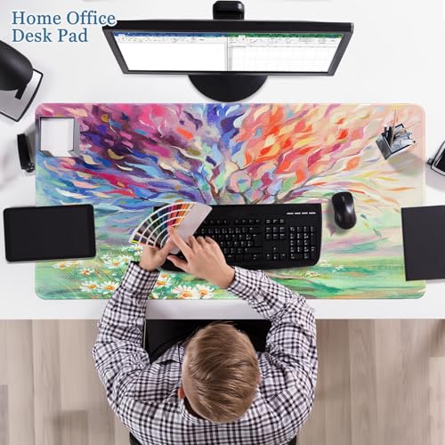 Desk Pad Oil Painting Tree, Desk Matt for Desktop, Seasons Tree of Life Gaming Mouse pad Extend XXL Large Anti-Slip Stitched Edges Waterproof Computer Laptop Keyboard Mat for Game, Home, Work, Office - color: Oil Painting Tree, size: 31.5" x 15.7"