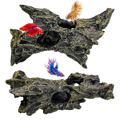 kathson Resin Hollow Tree Trunk Fish Tank Decoration Aquarium Ornament Betta Hideout House Cave for Small Fish Sleep Rest Hide Play Breed 2PCS