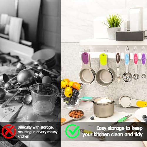 Magnetic Measuring Cups and Spoons Set, 5 Stainless Steel Measuring Cups, 7 Magnetic Measuring Spoons & 1 Leveler, 3 Plastic Measuring Cup with 1 Measuring Conversion Chart - color: Silver