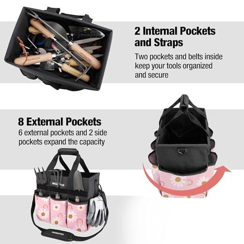 WORKPRO Garden Tool Bag Organizer, Heavy Duty Gardening Tote Bag with 10 Pockets and Long Adjustable Shoulder Strap, Standable Garden Home Tool Kits Organizer, Floral Pink - Pink Ribbon - color: Floral Pink