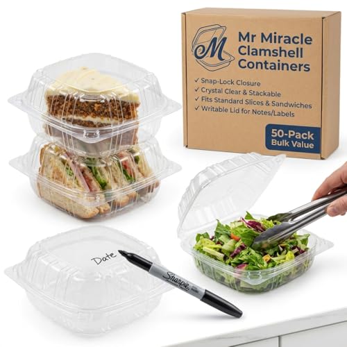 Mr Miracle Clamshell Containers - Clear Disposable Plastic To-Go, Leak-Resistant and Durable for Delivery like Uber Eats, Ideal for Cakes, Salads, Small Sandwich, Personalizable (6" X 6" - 100 Count) - size: 6" X 6" - 100 Count