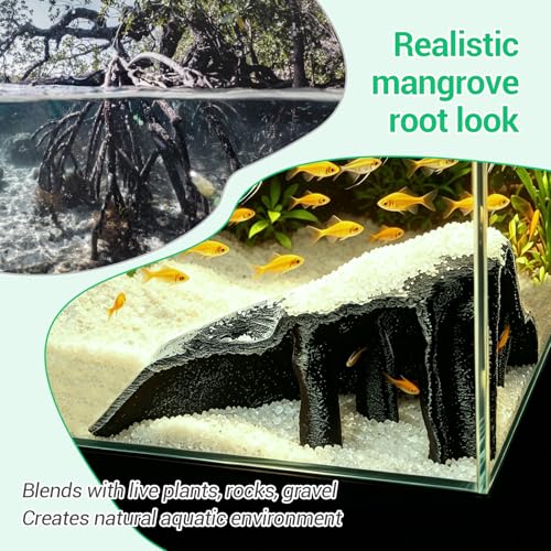 Aquarium Cave Fish Tank Cave Decor Corner Hide – PETG Reptile Hideout with 500g Sand, Mangrove Root Texture for Fish Shrimp Gecko Lizard, Fish Tank Decor 7.5x7.5x4 Inch (Black)