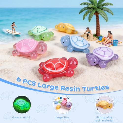 6 PCS Large Glow in The Dark 3D Resin Turtles, Miniature Garden Figurines for Aquarium Fish Tank Decor, DIY Dollhouse Fairy Garden Ornaments