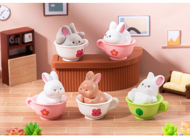 6PCS Brown Rabbit/Porcelain Cup Resin Figurines – Creative DIY Miniature Animal Ornaments for Micro Landscape, Fish Tank Aquarium Decor, Fairy Garden, Moss Decoration, Desktop Display, Car Accessories