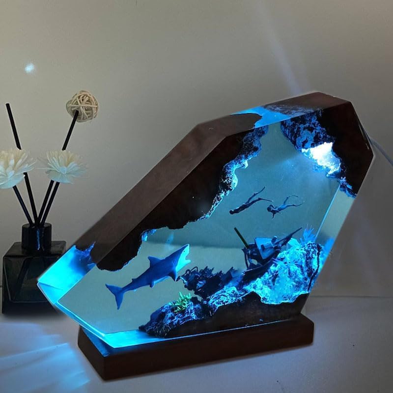 Shark Ocean Resin Lamp, Handmade Wooden Table Resin Night Light, USB Port Art Ornaments for Home Office Decor, Scuba Diver Gifts for Birthday Holiday, Valentine's Day Gifts for Husband - color: Shark, size: M