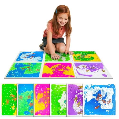 Liquid Sensory Floor Tiles for Kids Ages 3+ - Colorful Liquid Play Mat with Glitter & Sea Creatures, Interactive Fidget Pad for Toddlers, Perfect for Classroom, Home & School (6-Pack) - style: Ocean Tiles (6-Pack)