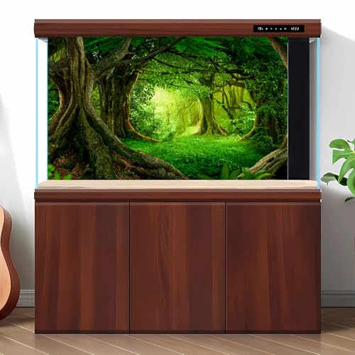 Forest Aquarium Background Lush Green Tropical Rainforest Natural Landscape Terrarium Background Jungle Forest with Sunbeams Old Huge Trees Fish Tank Background Wallpaper Poster Vinyl 24x12in - color: Forest Green, size: 24(W)x12(H)inches/ 60(W)*30cm(H)