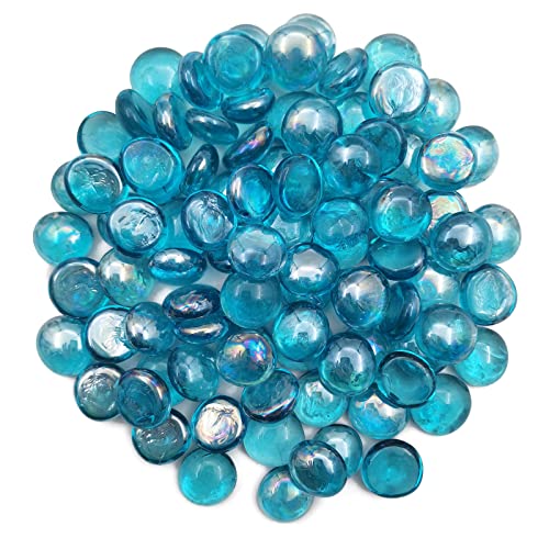 Flat Glass Marbles 1 Pound Vase Filler Fire Pit Glass Pebbles for Indoor Plants, Aquarium Fish Tank Decorations, Home Decor, Fire Pit, Landscaping, Arts Crafts (Ocean Blue)