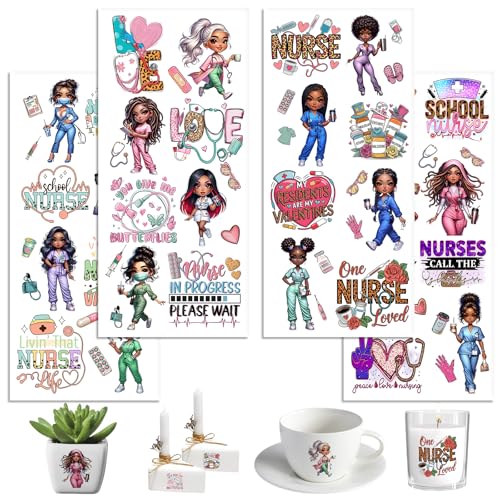 UV DTF Cup Wraps, 4 Sheets Nurse Quote Transfer Stickers for 16oz Glass, Rub On Decals for Tumblers and Candlestick - style: Nurse Quote