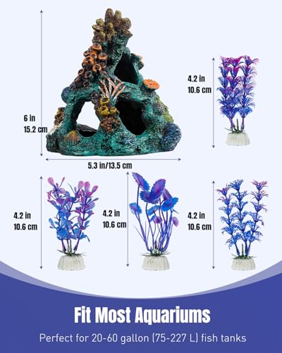 Uniclife Aquarium Decor, Fish Tank Decorations, Realistic Resin Coral Reef Rock Ornament & Plants Set for Fish Tank Decor, Colorful Aquarium Cave Decorations for Freshwater & Saltwater Tanks - style: Green Coral Tower + Purple Seaweed