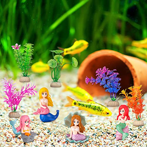 Jetec 9 Pieces Fish Tank Cute Mermaid Ornament and Simulated Seaweed for DIY Craft Aquarium Desk Theme Thematic Decoration Pet Accessories