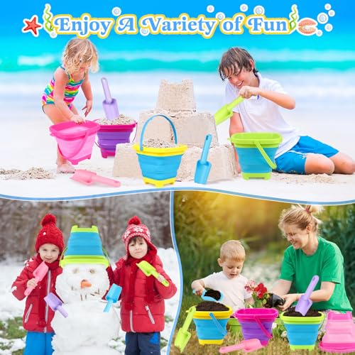 Collapsible Beach Buckets for Kids, 4 Packs Foldable Sand Buckets and Shovels with Mesh Beach Bag, Silicone Sand Pails for Toddlers Beach Toys, Easter Egg Hunt, Camping, Travelling, Fishing Water Pail - style: 4 Buckets