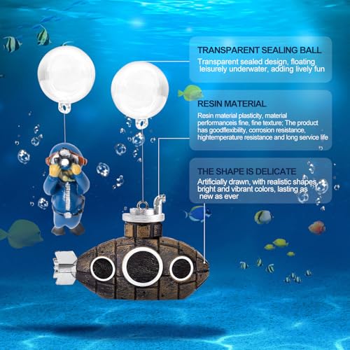 CousDUoBe 2.1 in Mini Floating Submarine Fish Tank Decoration Set，Cute Retro Submarine Set and Floating Diver,Aquarium Decorations Resinous Betta Fish Tank Accessories - color: Brown