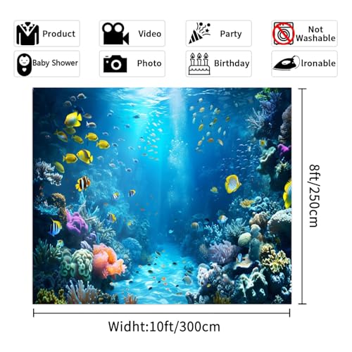 Underwater Aquarium Backdrop 10X8ft Tropical Ocean Fish Coral Under The Sea Theme Decoration Background Kids Birthday Party Baby Shower Supplies Banner Photo Booth Studio Props - color: Ocean-3