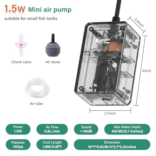 hygger See-Through Air Pump for Aquarium: Oxygen Pump，Silent Powerful Aerator Pump 1.5W 1 Air Outlets Ultra Silent for Small Fish Tank,Hydroponic Systerm, Household Commercial Use - size: 1.5W