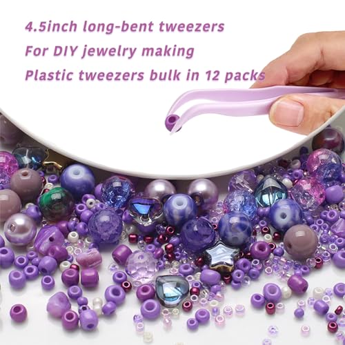 12 Pack 4.5 inches Plastic Tweezers for Kids Crafts for DIY Jewelry Making, beads bracelets, Baking Decoration, Reptile Feeding, Disposable Eyelashes Stickers Tweezers Bulk - color: Pink