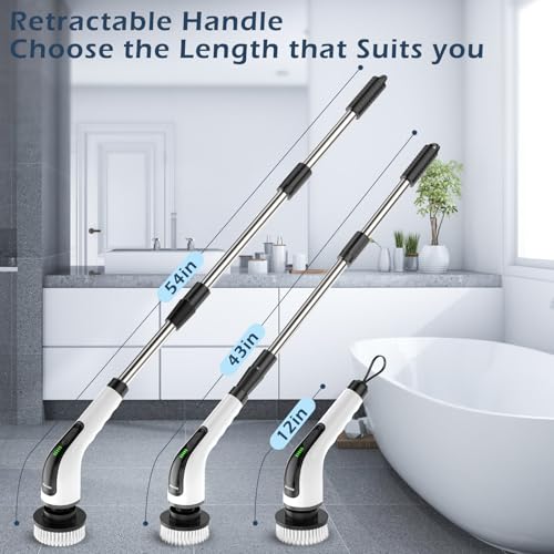 Bomves Electric Spin Scrubber, Cordless Cleaning Brush Scrubber for Home, 8 Replaceable Brush Heads-90Mins Work Time, 3 Adjustable Size, 2 Speeds for Bathroom Shower Bathtub Glass Car
