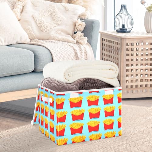 Storage Box French Fries Storage Bins with Lids, Larger Collapsible Fabric Storage Baskes with Handles for Living Room, Playroom, Bedroom, Nursery 16.5x12.6x11.8 Inch