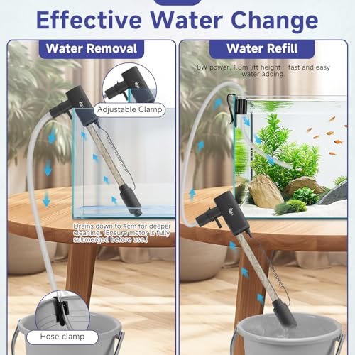 AQQA Electric Aquarium Vacuum Gravel Cleaner - 8W/213GPH Rechargeable Fish Tank Cleaning Tools Automatic Water Changer Pump with Debris Clean & Sand Washing, 4-Speed Adjustable Powerful Suction - size: 8W with 213GPH
