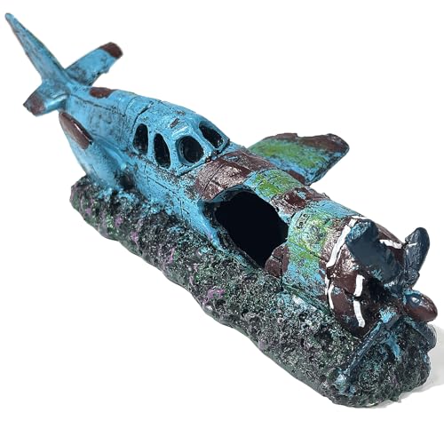 Fighter Vintage Airplane Ruins – Hiding Place for Betta,Shrimp,Goldfish & Reptiles,Submarine Landscape Shelter Cave Hideouts Aquarium Accessories Small Fish Tank Decor for 2-10 Gallon Tank