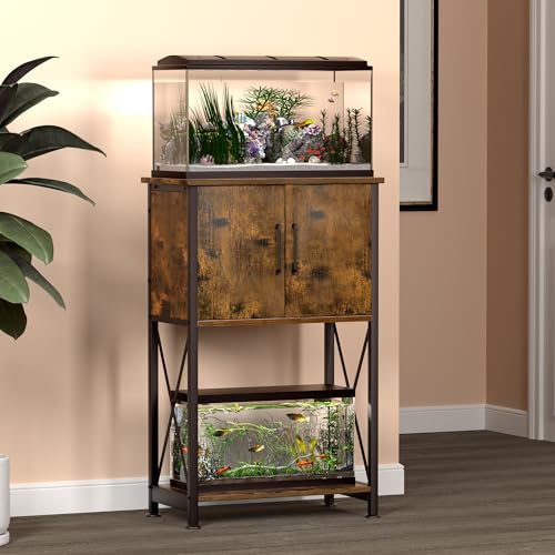 Herture 5-10 Gallon Fish Tank Stand, Metal Double Aquarium Stand with Cabinet for Fish Tank Accessories Storage, Heavy Duty 20.5" L* 11.02" W Tabletop, 500LBS Capacity Rustic Brown and Black PG06YGN - color: Rustic Brown, size: 5-10 Gallon