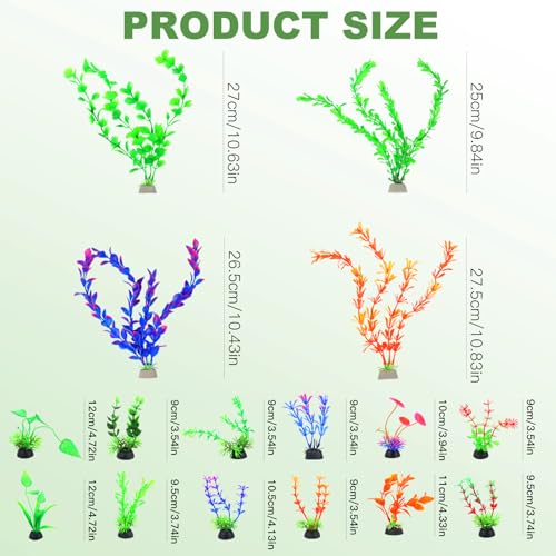 Aquarium Plants 16P, Plastic Fish Tank Plants, Different Types Artificial Decor Aquarium Artificial Plastic Plants, Turtle Goldfish Betta Fish Tank Decor Set, Fish Decor for Tank (Colorful)