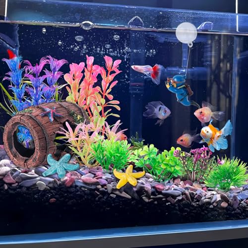 12 PCS Aquarium Decoration Broken Barrel Set, Plastic Aquarium Plants, Resin Floating Diver Fish Tank Decorations & Resin Starfish, Small Fish Tank Ornaments for Pet Fish to Hideout and Rest