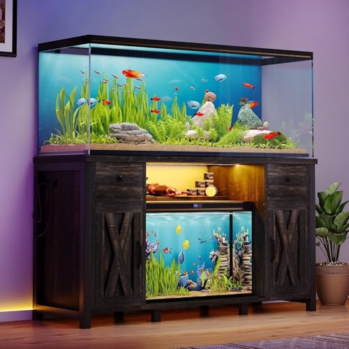 55-75 Gallon Fish Tank Stand with Power Outlet & LED Lights, Heavy Duty Aquarium Stand with Storage Drawers & Barn Doors, Reptile Tank Cabinet for Turtle, Reptile Terrarium, Dark Oak - color: Dark Oak