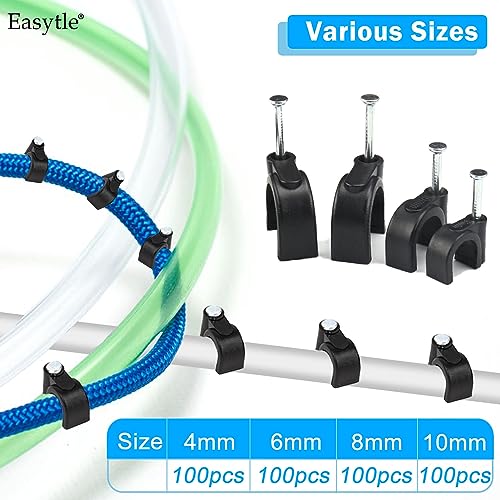 400pcs Black Cable Clips 4/6/8/10mm Cable Wire Clips Nail in Cable Clips Cable Tacks Coaxial Nail Clamps Cable Nails for Cords Cable Management RG6 RG59 CAT6 RJ45 Ethernet Cable Clips Coax Clamps