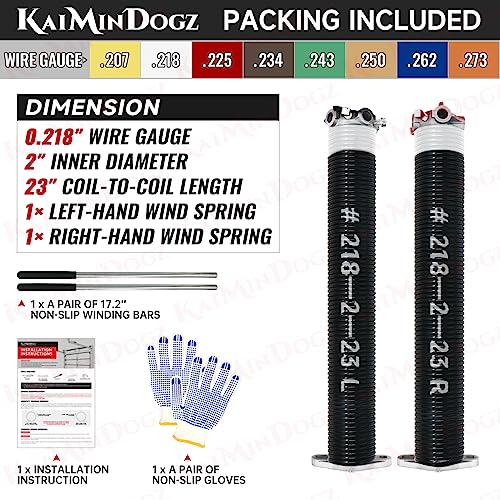 Pair of 2" Garage Door Torsion Springs Set with Non-Slip Winding Bar & Gloves,High Precision Electrophoresis Black Coated, for Replacement & Installation, MIN 16,000 Cycles (0.218x2''x23'') - size: 0.218X2"X23"