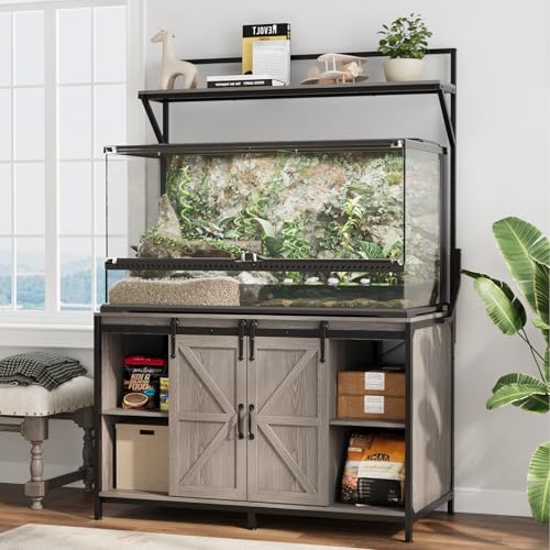 VOWNER Farmhouse Reptile Tank Stand with Power Outlet, 48" X 24" Tabletop Fits up to 120 Gallon Bearded Dragon Tank, Heavy Duty Aquarium Stand with Storage Cabinet, Reptile Turtle Terrarium Stand Grey - color: Grey