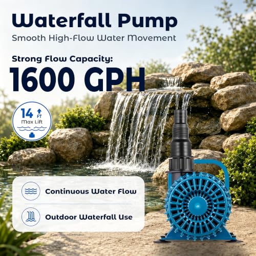 TONGCHANT Pond Pump for Fish Pond Fountain & Waterfall, 1600 GPH 14FT Lift | 100W submersible water pump, ultra quiet motor, 180° rotatable outlet, filter bag, 20FT cord, UL listed, blue - size: 1600GPH-100W-Blue