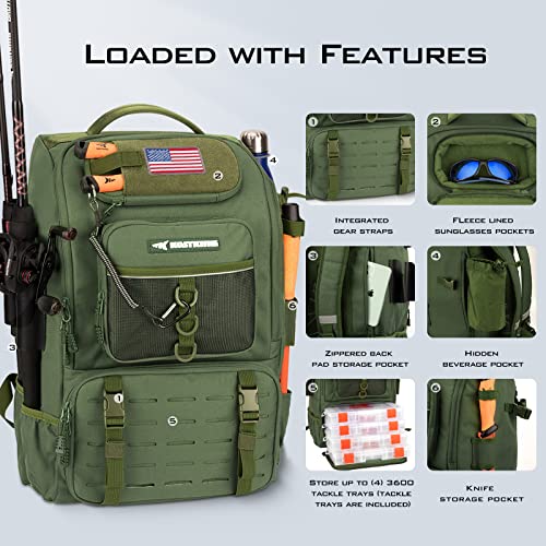 KastKing KarryAll Fishing Tackle Backpack with Rod Holder 4 Tackle Boxes,40/26L Tackle Bag Storage Fishing Gear and Equipment - color: C: Large (40 L) - Green