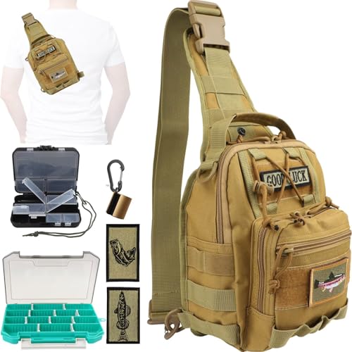 Dovesun Small Fishing Backpack, Waterproof Fly Fishing Sling Pack Tackle Bag with Tackle Boxes - color: B-Khaki(Size:17.7*8.5*5.7in)