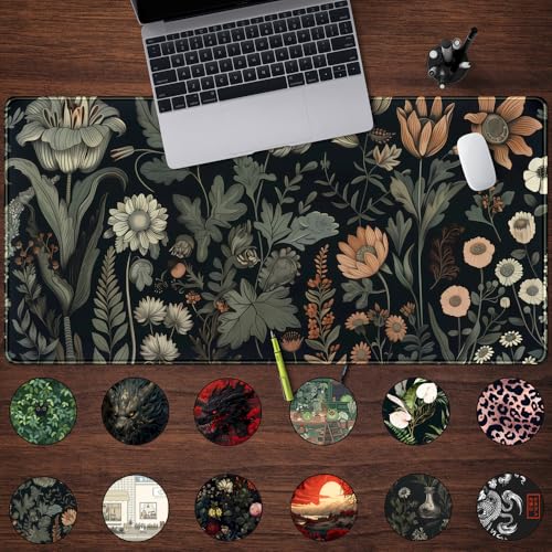 Aesthetic Vintage Dark Flower Plants Wildflowers Large Gaming Mousepad XXL Keyboard Mouse Mat Full Desktop Mat Women Desk Cover Mat for Work Office Home 31.5x15.8 in - color: Vintage Plants