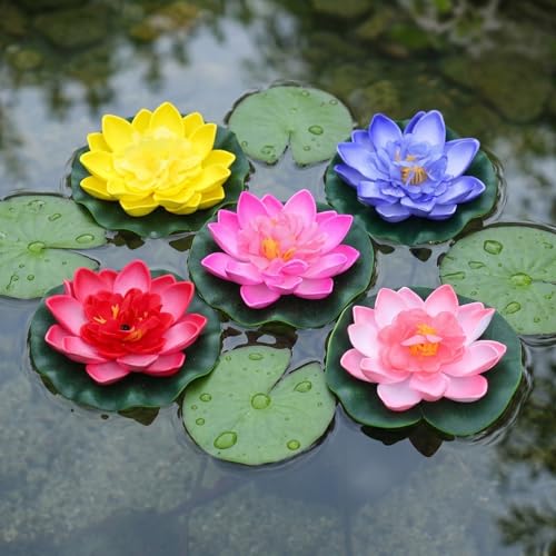 SEWACC 5pcs Artificial Lotus with Water Lily Pad Floating Lotus Flower Realistic Flower Ornanment for Outdoor Garden Pond Aquarium Pool Decoration 10cm