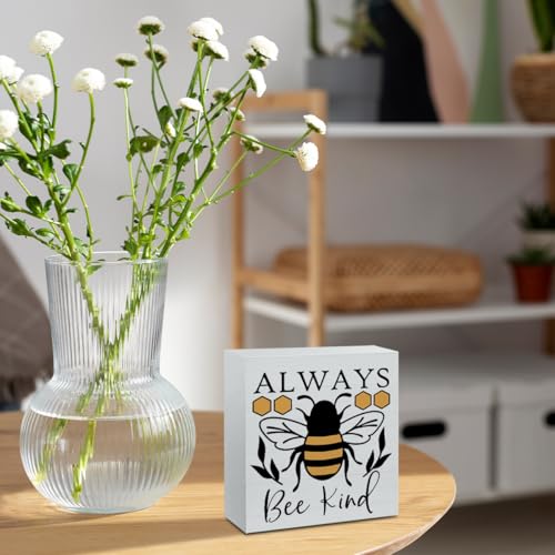 Summer Sign Bee Decorations for Home Cute Honeybee Decor Always Bee Kind Wooden Box Sign Desk Accessories Home Office Bedroom Bathroom Teacher Classroom Decor 5 X 5 Inch - color: Be Kind 2
