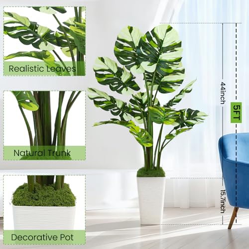 UPBUD Artificial Monstera Deliciosa Plant, 5FT Fake Tropical Monstera Tree with White Planter & 12 Lifelike Leaves, 60in Tall Faux Floor Plants Fake Trees for Indoor Office Home Living Room Decor - color: White Leaves White Planter