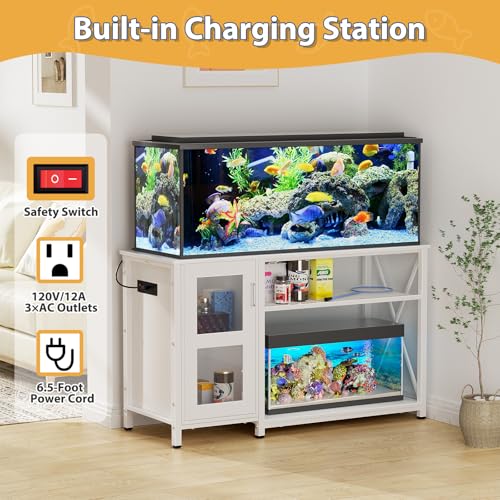 BEURUKU 55-75 Gallon Fish Tank Stand with Cabinet, Aquarium Stand for Fish Tank Accessories Storage, Heavy Duty Metal Terrarium Stand, 52" L*19" W Tabletop, 1200LBS Capacity, White - color: White, size: 55-75 Gallon