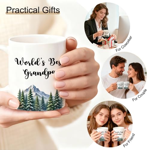 World’s Best Grandpa Ceramic Mug, Forest Watercolor Style Drinking Cup For Best Grandpa, Funny Mountain Theme Coffee Mug For Men, Christmas Retirement Thank You Gifts For Grandfather - color: White16