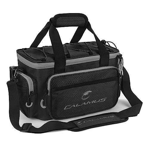 Calamus Fishing Tackle Bags - Saltwater & Freshwater Fishing Bags - Rip-Stop PE - Padded Shoulder Strap - Pliers Storage - Black - color: D：Black(without trays)-14.3*9*7.5 inches