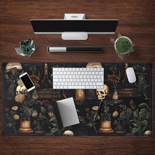 Vintage Aesthetic XL Extended Large Gaming Mouse Pad - Black Academia Mystical Green Plant Design - Computer Laptop Keyboard and Mouse Mat Desktop Protector - 31.5 x 15.8 in - color: Dark Theme