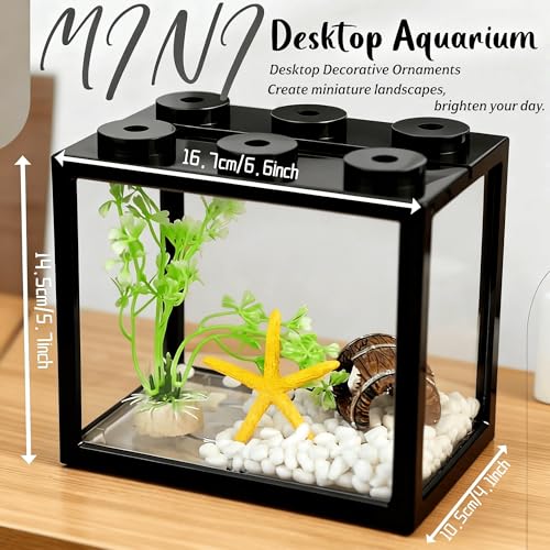 Small Betta Fish Tank, Stackable Mini Fish Tank Tiny Aquarium Kit with Aquarium Gravel & Resin Decorations, 0.6 Gallon Cube Desktop Fishbowl for Snails, Crabs, Starfish (Black) - color: Black
