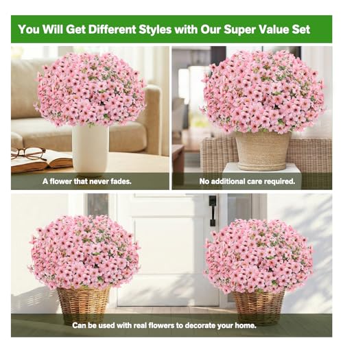 Artificial Flowers Fake Plants for Outdoors Spring Decoration, 13Bundles Silk Realistic UV Resistant Faux Flowers for Outside Planter Porch Yard Patio Garden Home Indoor, Pink - color: Pink, size: Artificial Flowers(13 Pcs)