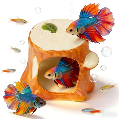 Aquarium Decor Ceramic Tree Stump Aquarium Hideout Cave, Betta Fish Tank Decor Ornament, Hiding & Breeding House for Small Fish, Shrimp, Cichlid, Goldfish & Reptiles