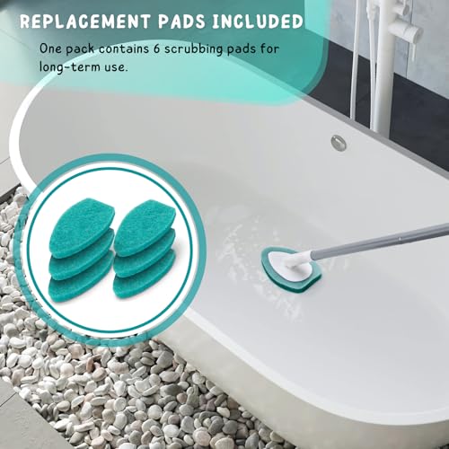 Shower Scrubber with Long Handle, 47'' Bathtub Scrub Brush, Bathroom Tub and Tile Cleaning Tool with 6 Refill Pads - color: Green, size: Scrubber with Long handle