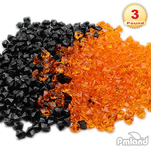 PMLAND Clear Fake Ice Rocks – 550 Pcs Large Acrylic Gems Crushed Plastic Diamonds, Black Orange (3Lbs/2.25 Quarts) – Bulk Vase Filler for Centerpieces Halloween Theme Décor Aquarium Table Scatter - color: Orange and Black