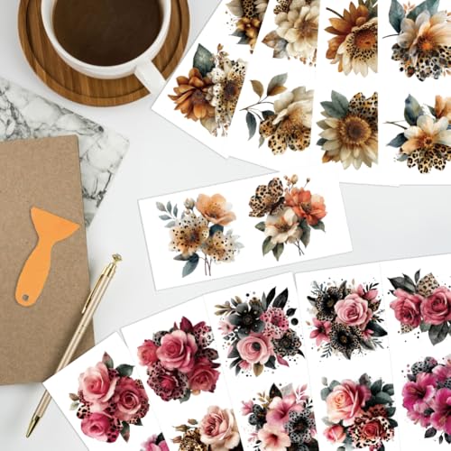 arricraft 10 Sheets Leopard Print Flowers UV DTF Cup Wrap for 16OZ Glass, Rose Sunflower Rub on Decals PVC Transfer Stickers for DIY Cups Wood Funiture 24x11cm/9.4x4.3inch - style: Leopard Print Flowers Theme
