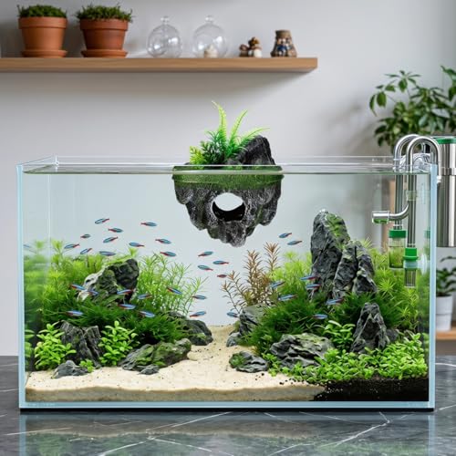 Garneck 2Pcs Floating Island for Aquarium Decor: Resin Suspended Stone with Hideout Tunnel & Artificial Plants for Betta Guppy Shrimp Hermit Crabs Fish Tank Landscape Ornament